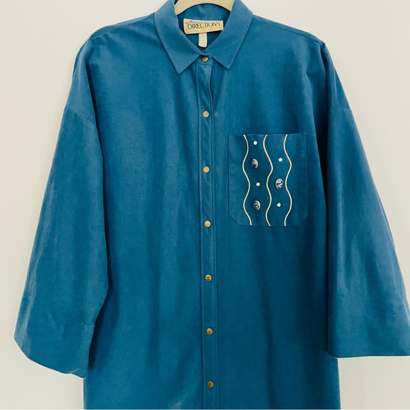 Teal Ultrasuede Shirt Dress / Duster with Jeweled Pocket Fits Small-Large - Picture 5 of 9